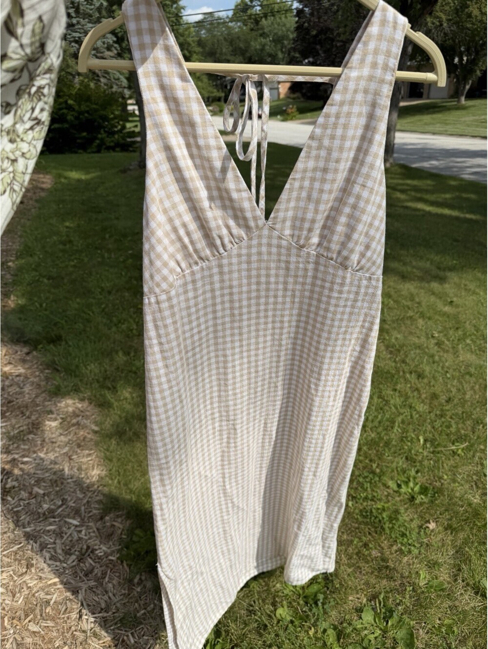 Women’s Cottage Core Old Navy Tan Gingham Linen Blend Dress With Tie Back Size M